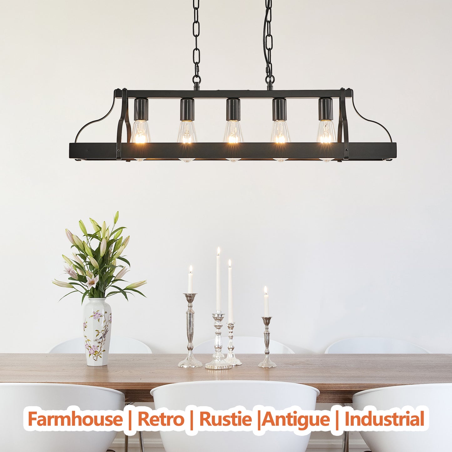 34" 5-Light Matte Black Industrial Linear Chandelier - view 6