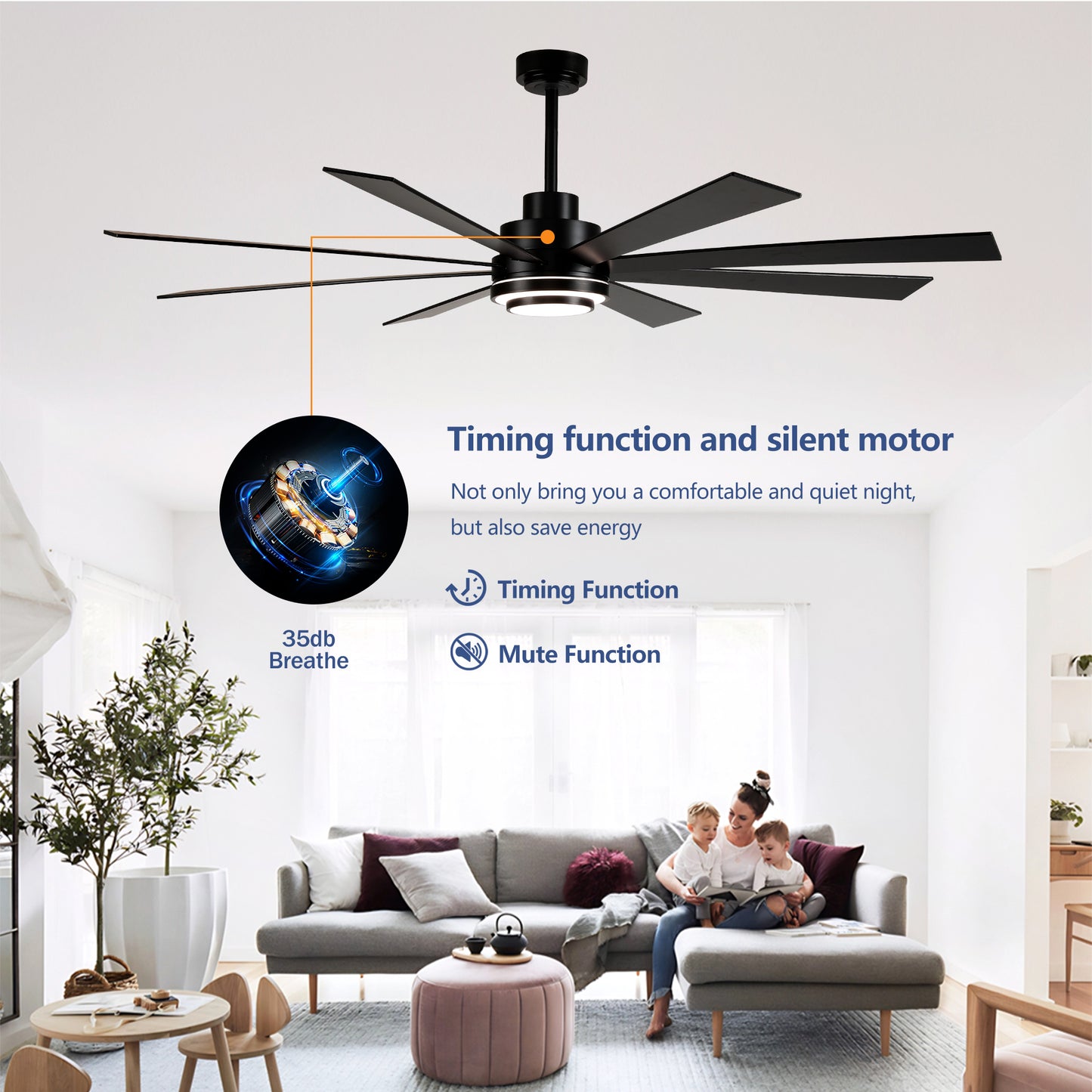 72" Matte Black 8-Blade Ceiling Fan with Dimmable LED - view 14