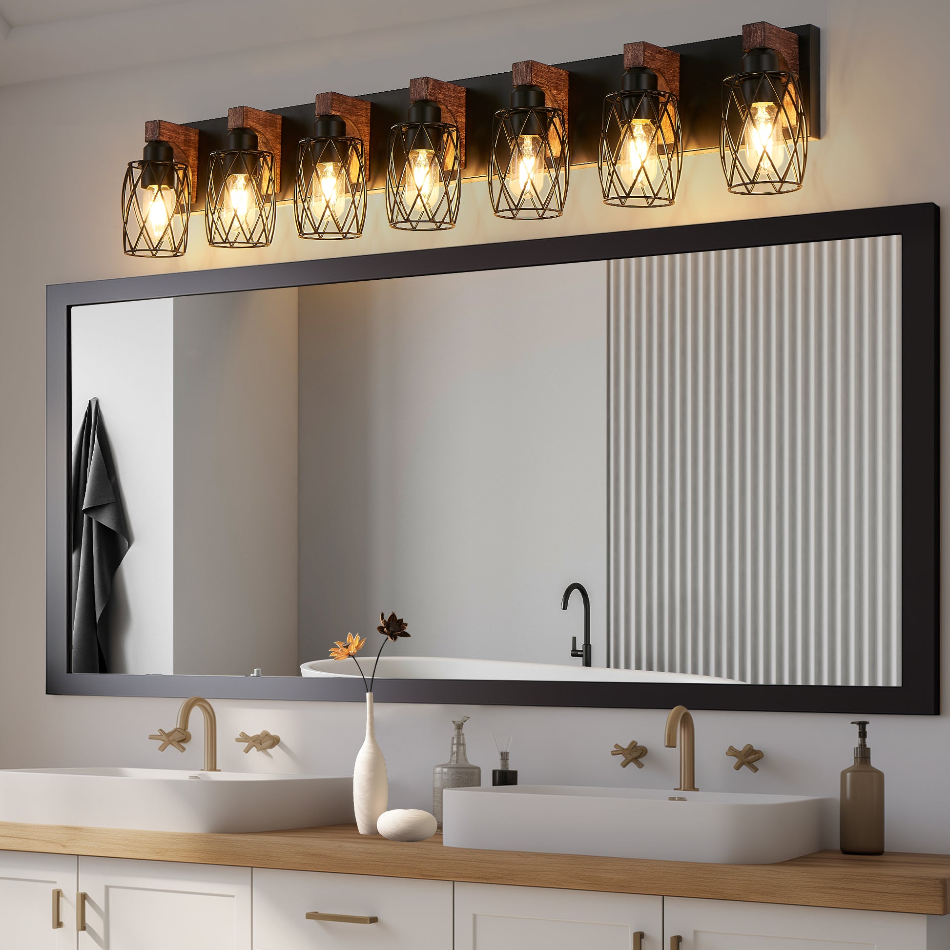7-Light Black Caged Wall Sconce with Wood Accents - view 4