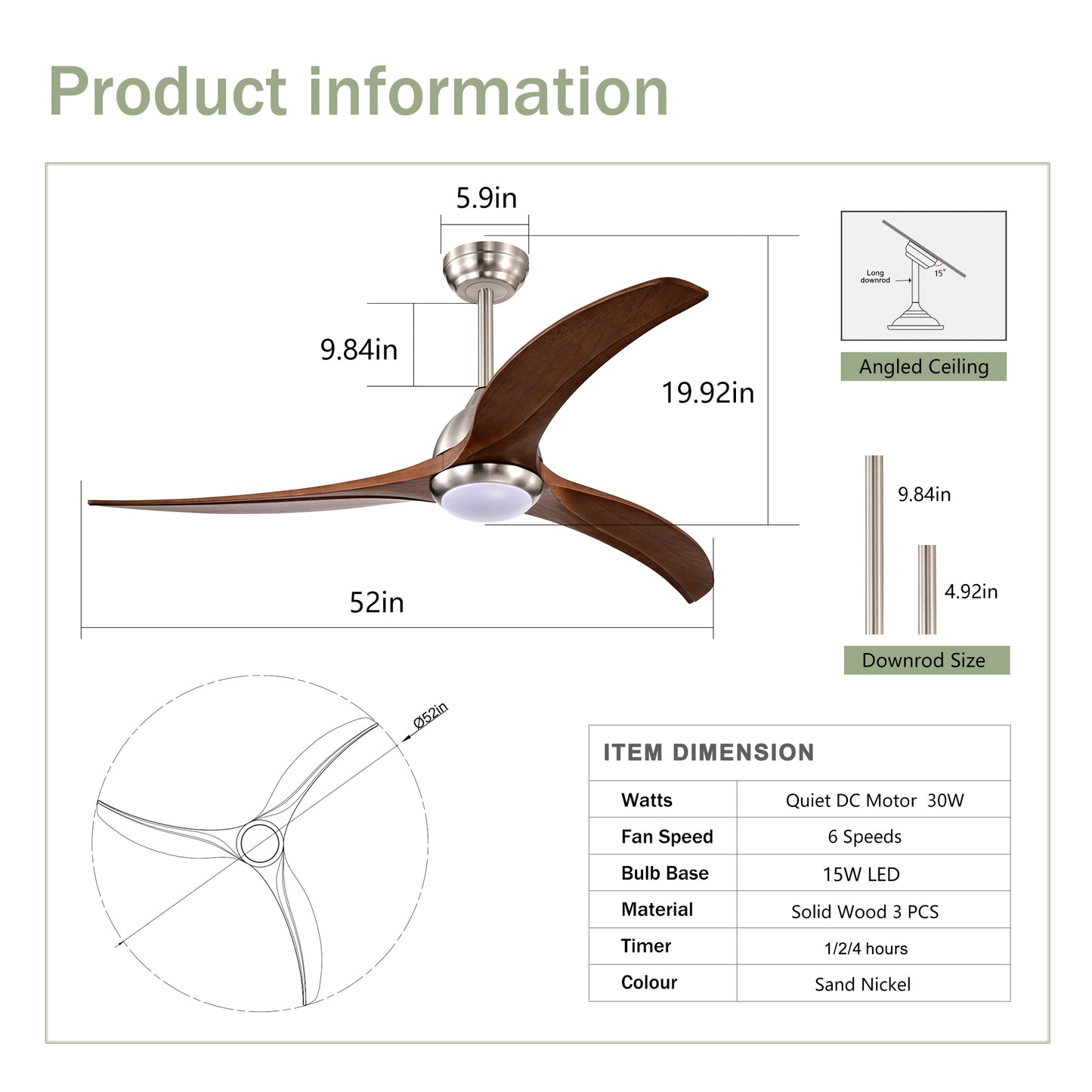 52" Satin Nickel & Walnut Ceiling Fan with Light & Remote - view 7