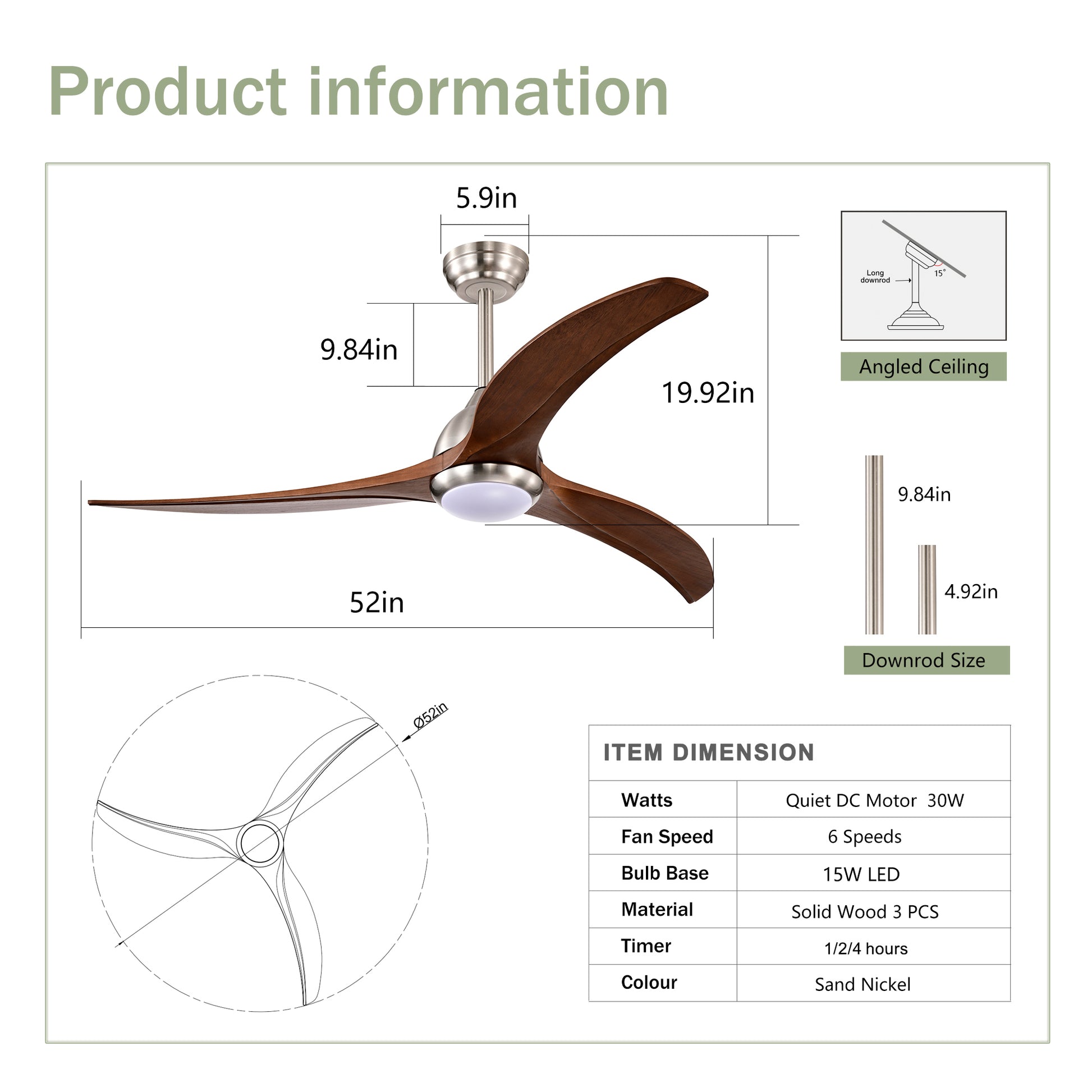 52" Satin Nickel & Walnut Ceiling Fan with Light & Remote - view 7
