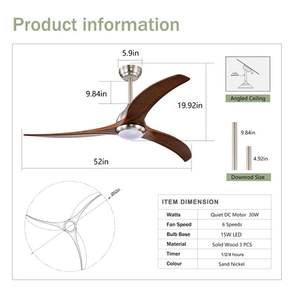 52" Satin Nickel & Walnut Ceiling Fan with Light & Remote - view 7