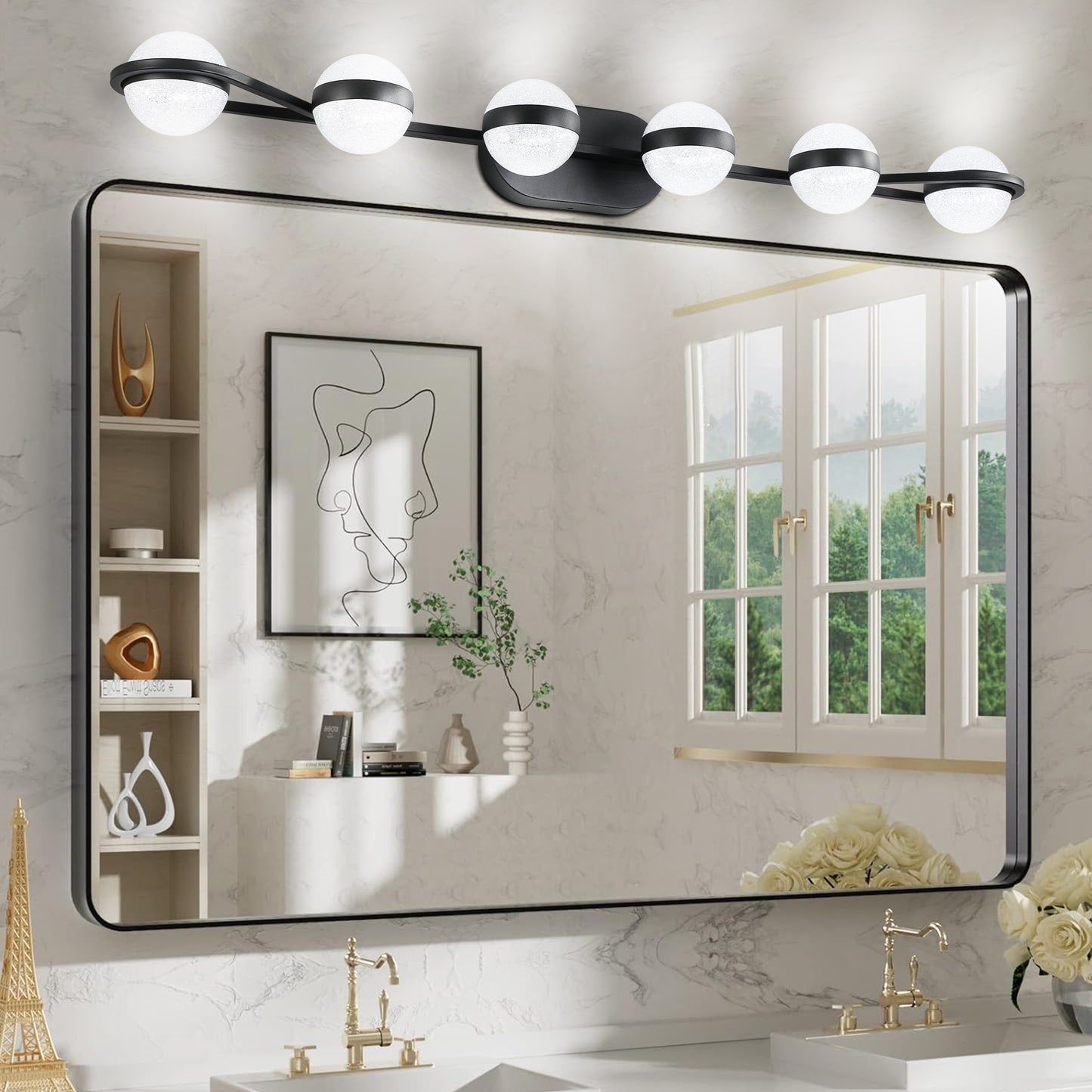 43" 6-Light Black LED Vanity Light with Crystal Sand Shades - view 4