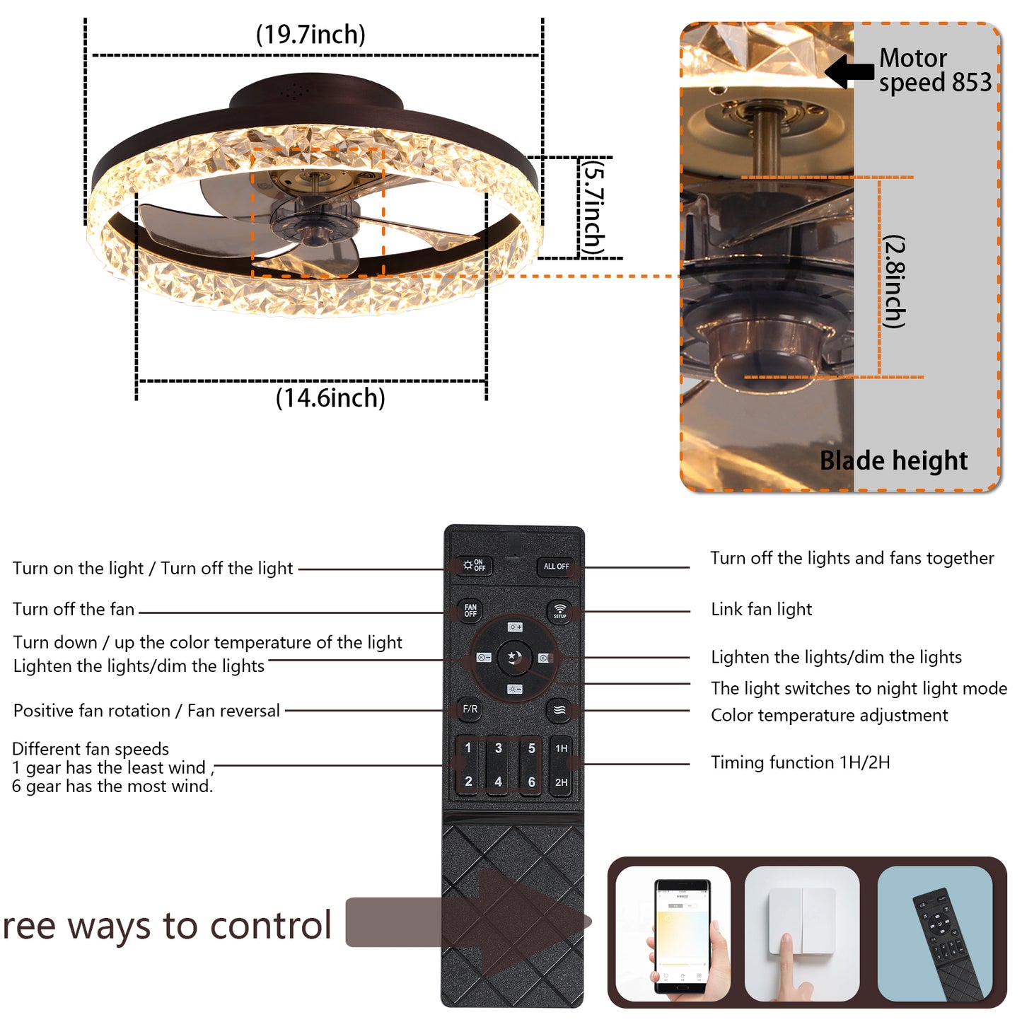 19.7" Brown Flush Mount Ceiling Fan with Dimmable LED - view 8