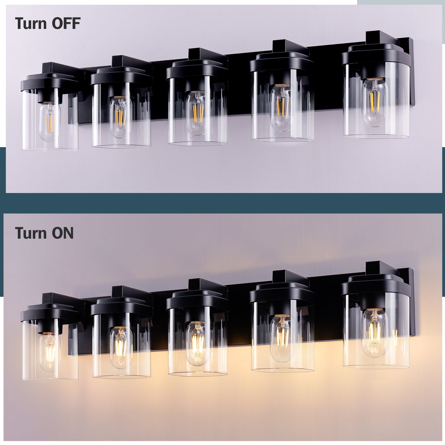 5-Light Matte Black Vanity Light with Clear Glass Shades - view 6