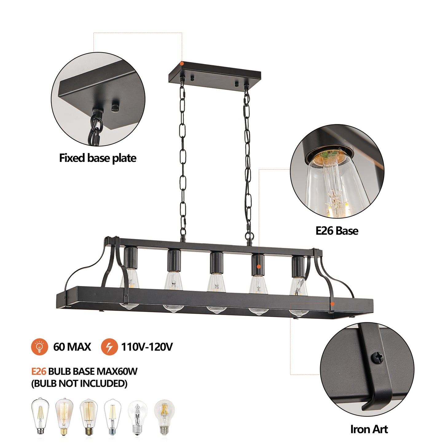 34" 5-Light Matte Black Industrial Linear Chandelier - view 7