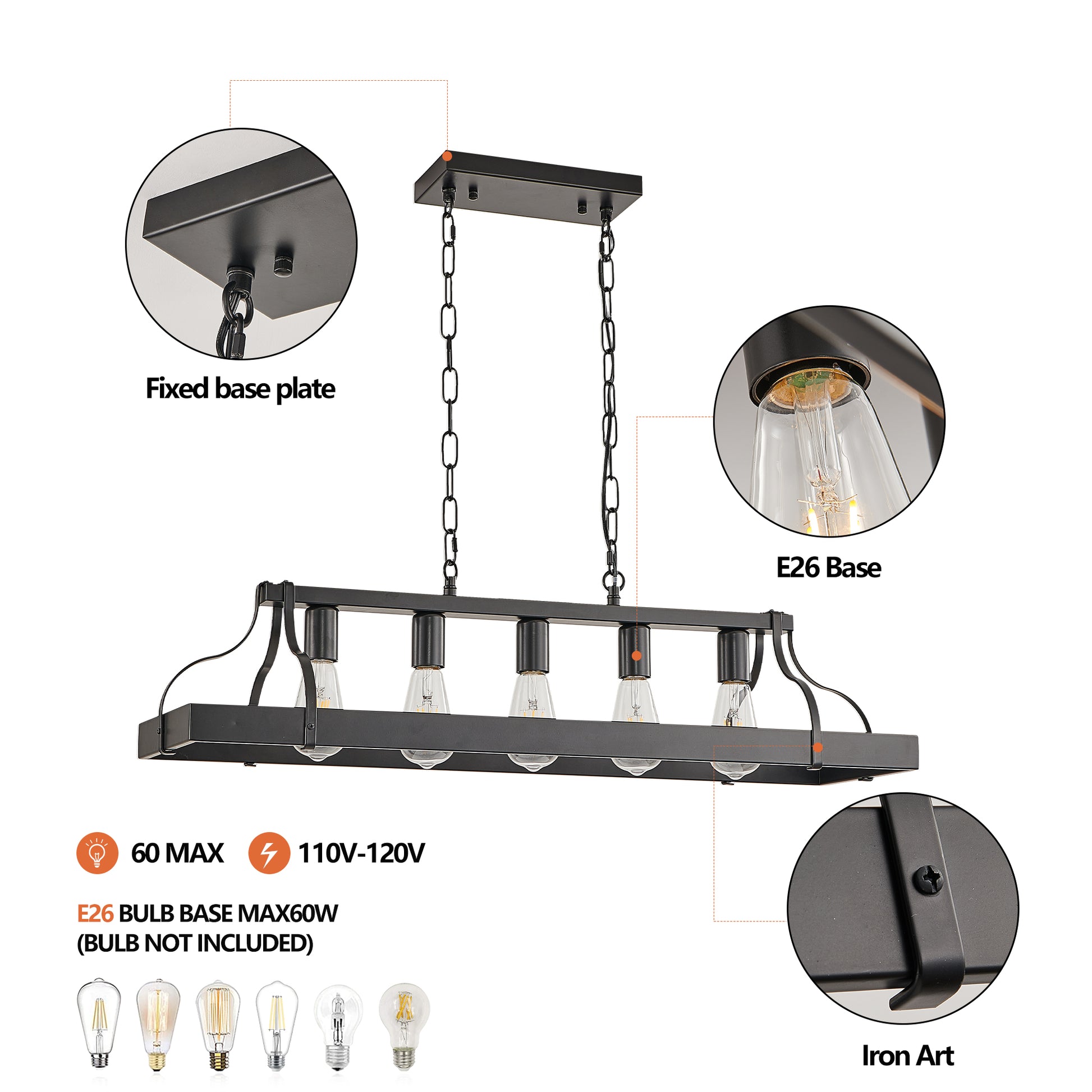 34" 5-Light Matte Black Industrial Linear Chandelier - view 7