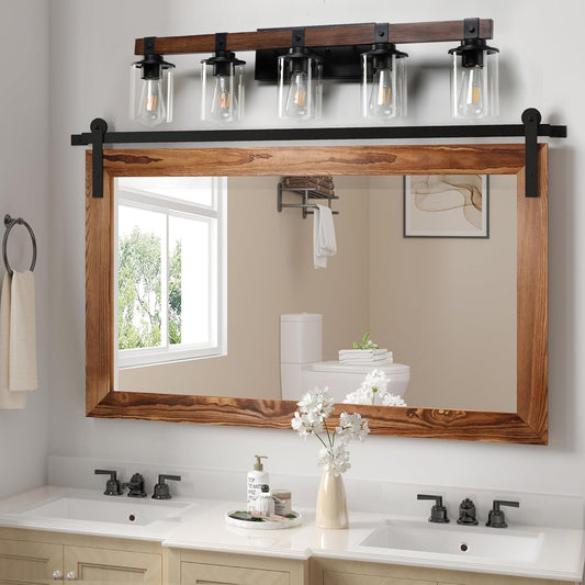 35" 5-Light Farmhouse Vanity Light with Wood Accent