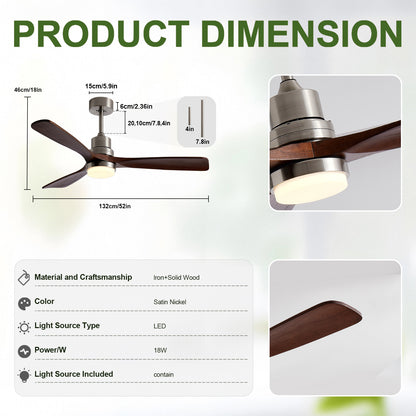 52" Brushed Nickel 3-Blade Ceiling Fan with Remote - view 7