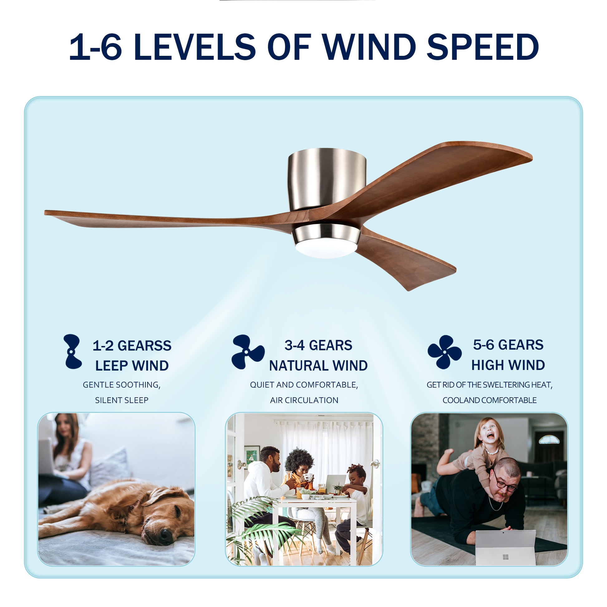 52" Nickel Flush Mount Wood Ceiling Fan with Remote - view 11