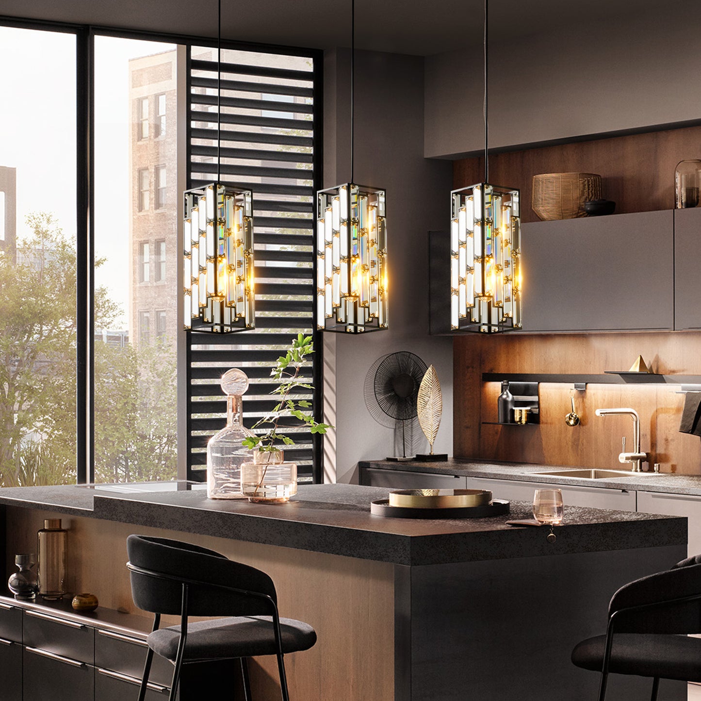 4" Black Crystal Pendant Light, Set of 3 - view 3