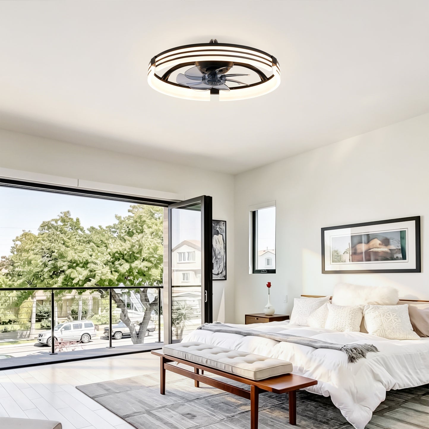 20" Matte Black Flush Mount Ceiling Fan with Dimmable LED - view 5