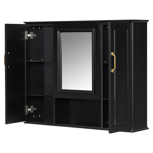36" Black Wall-Mounted Medicine Cabinet with Mirror and 3 Doors