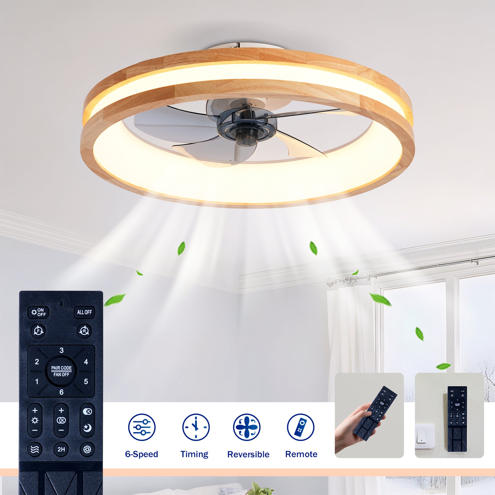 Natural Wood & White Flush Mount Ceiling Fan with Dimmable LED - view 7