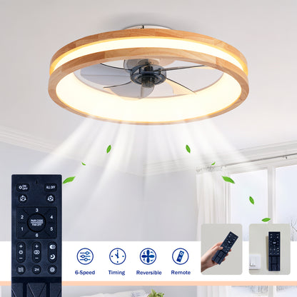 Natural Wood & White Flush Mount Ceiling Fan with Dimmable LED - view 7