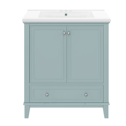 30" Green Bathroom Vanity with Sink, 2 Doors & Bottom Drawer