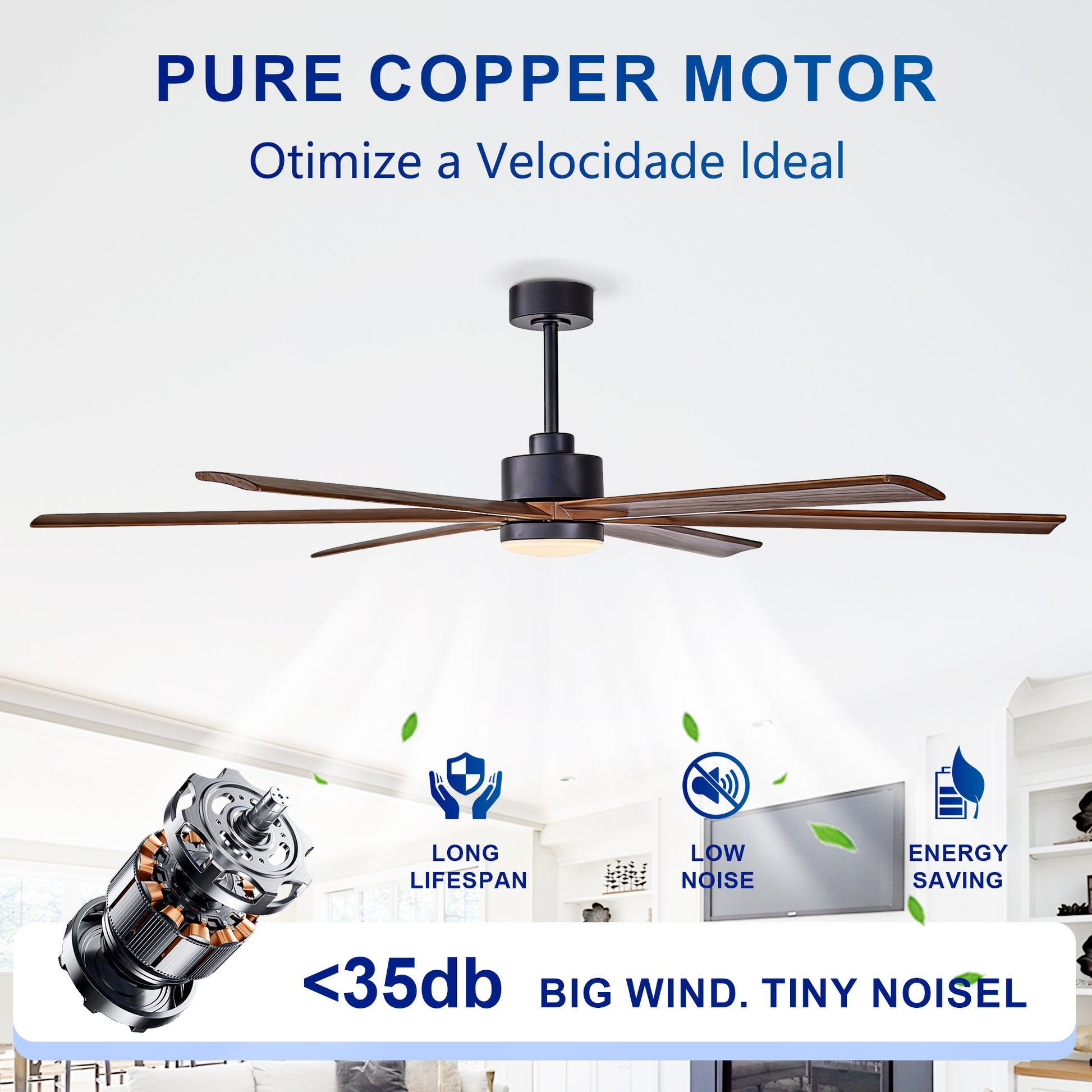 70" Matte Black & Walnut Solid Wood Ceiling Fan - view 14