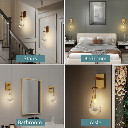 Brass Wall Light with Raindrop Glass, Dimmable LED - view 4