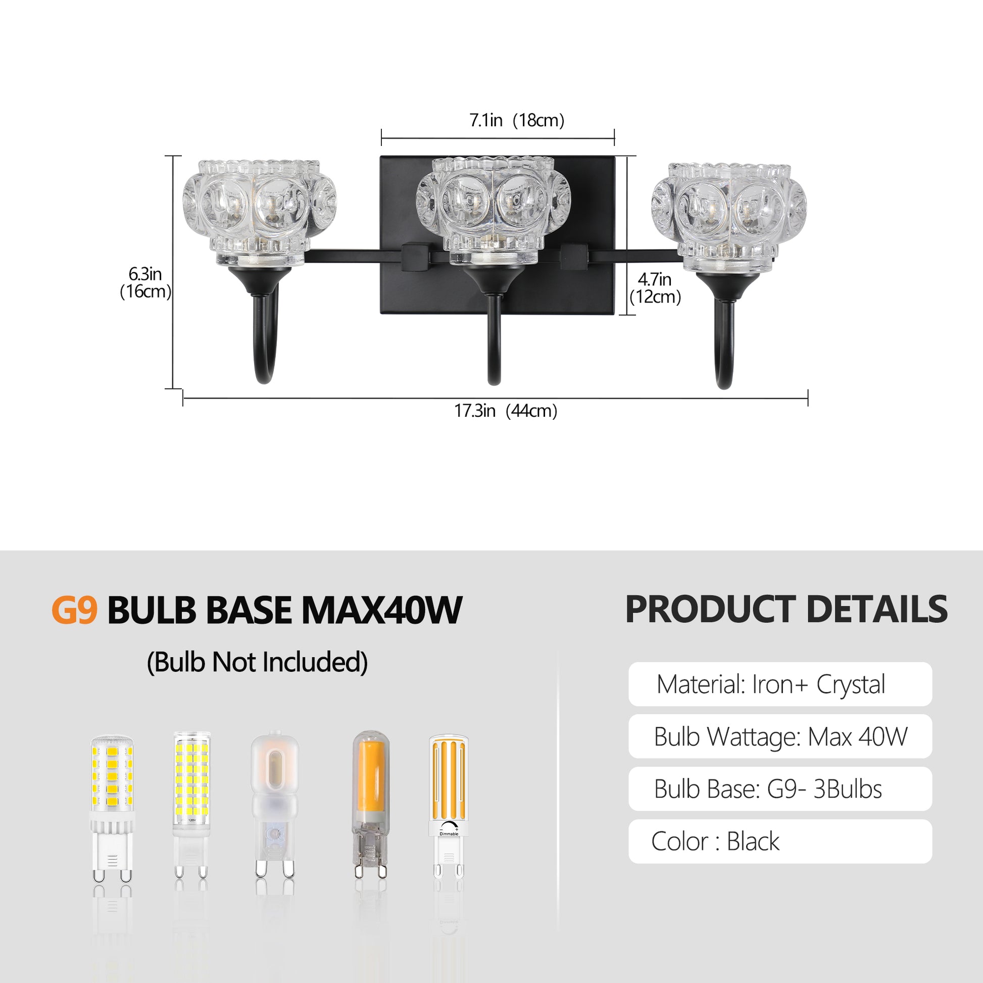 17" 3-Light Black Vanity Light with Crystal Glass - view 7