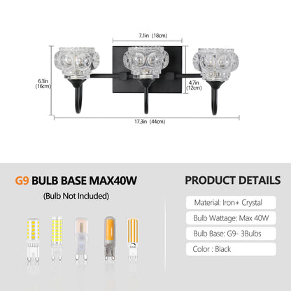 17" 3-Light Black Vanity Light with Crystal Glass - view 7