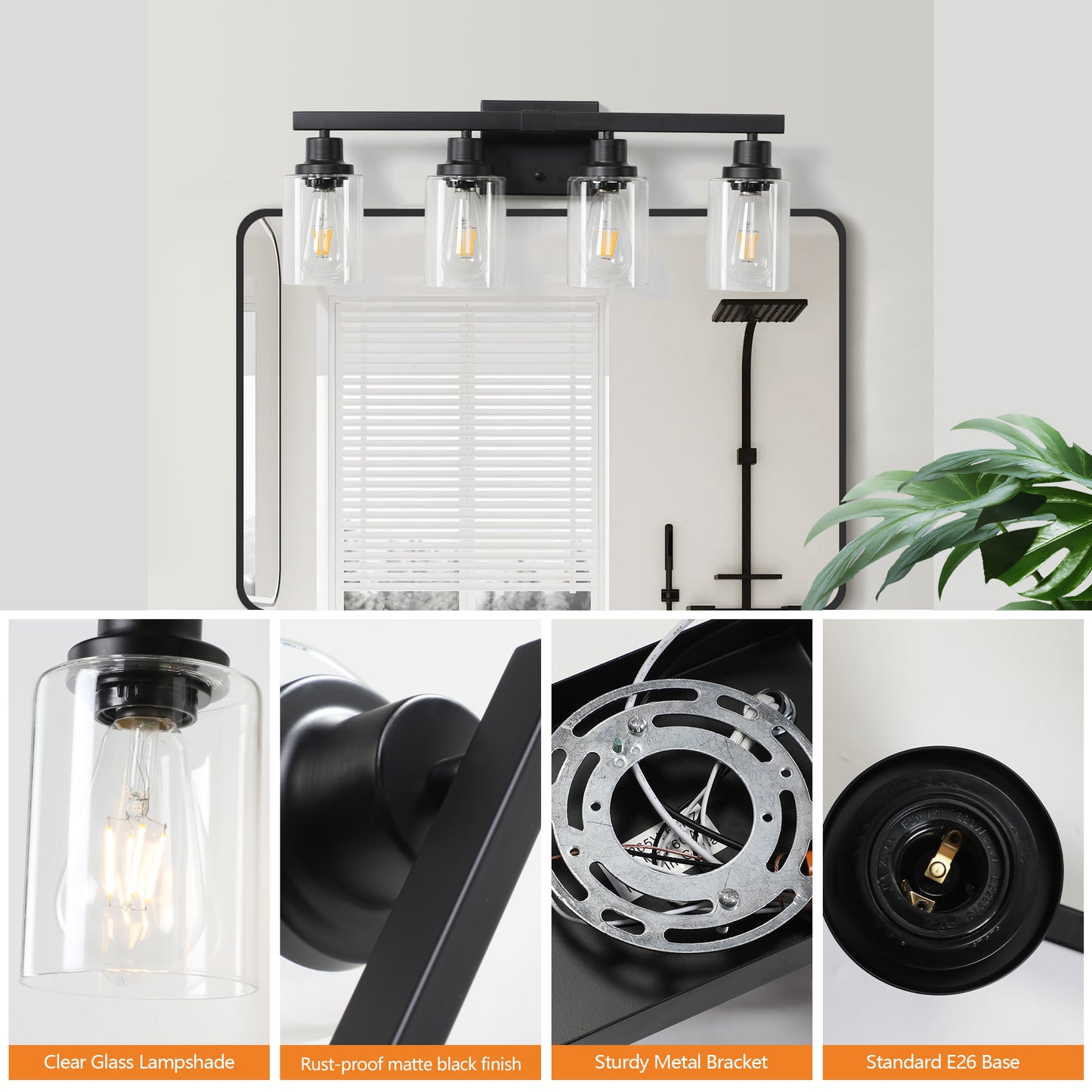 24" 4-Light Black Vanity Light with Clear Glass Shades - view 5
