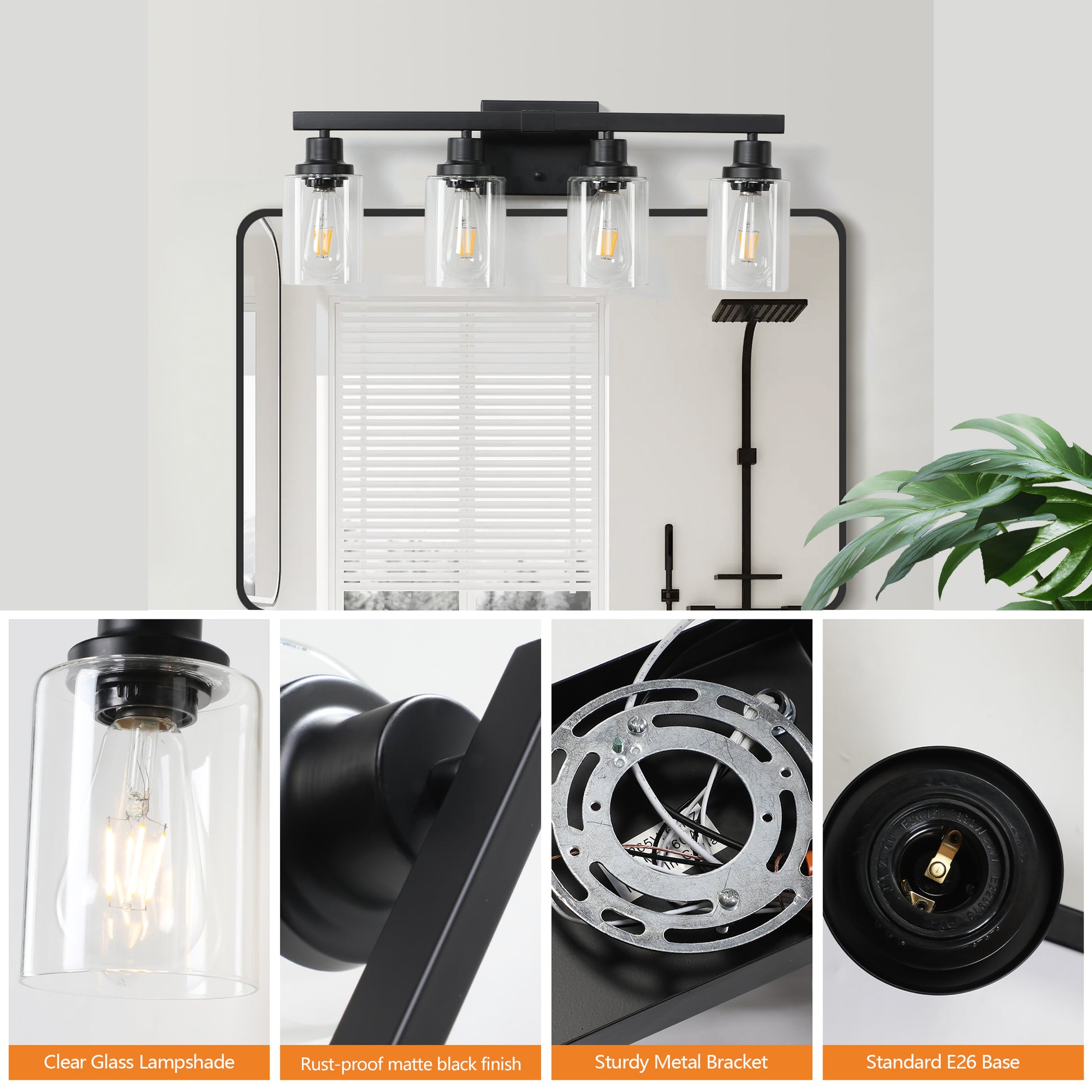 24" 4-Light Black Vanity Light with Clear Glass Shades - view 5