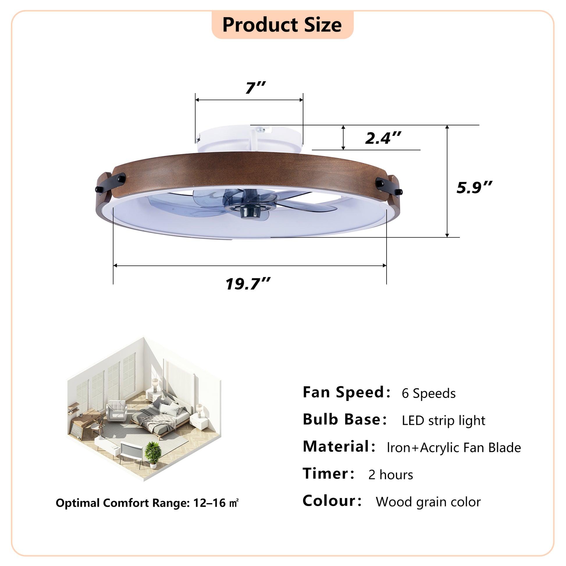 20" Walnut & Black Flush Mount Ceiling Fan with Dimmable LED - view 6