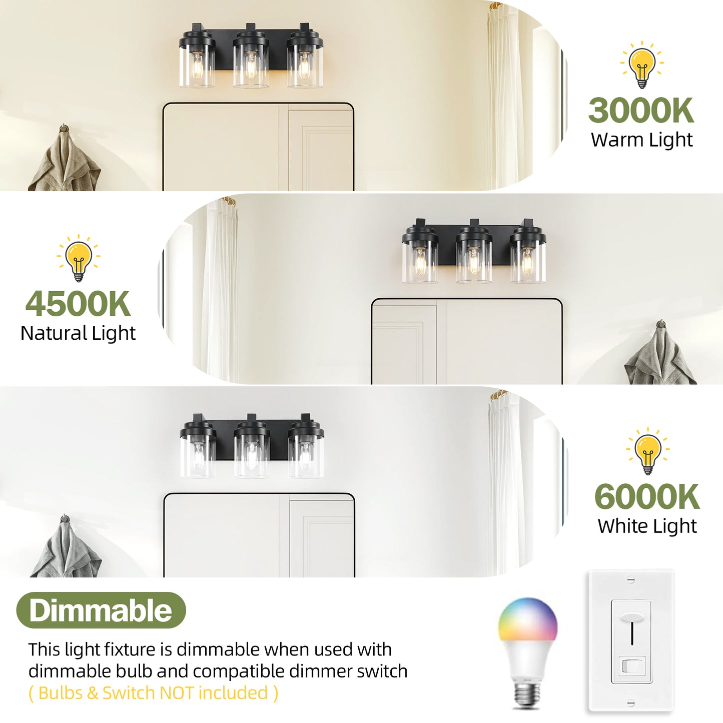 3-Light Matte Black Vanity Light with Clear Glass Shades - view 5