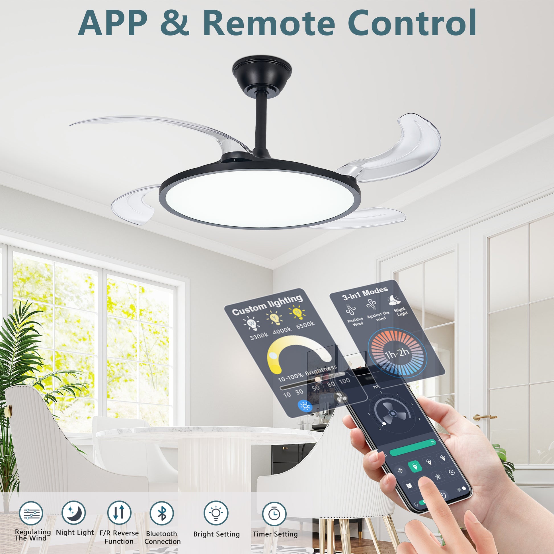 42" Black Low Profile Retractable Ceiling Fan with Remote - view 3