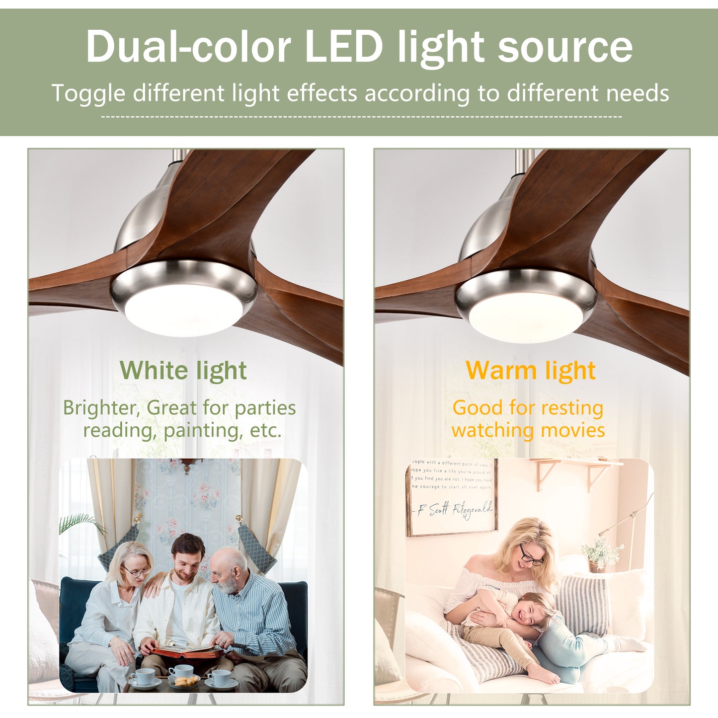 52" Satin Nickel & Walnut Ceiling Fan with Light & Remote - view 9