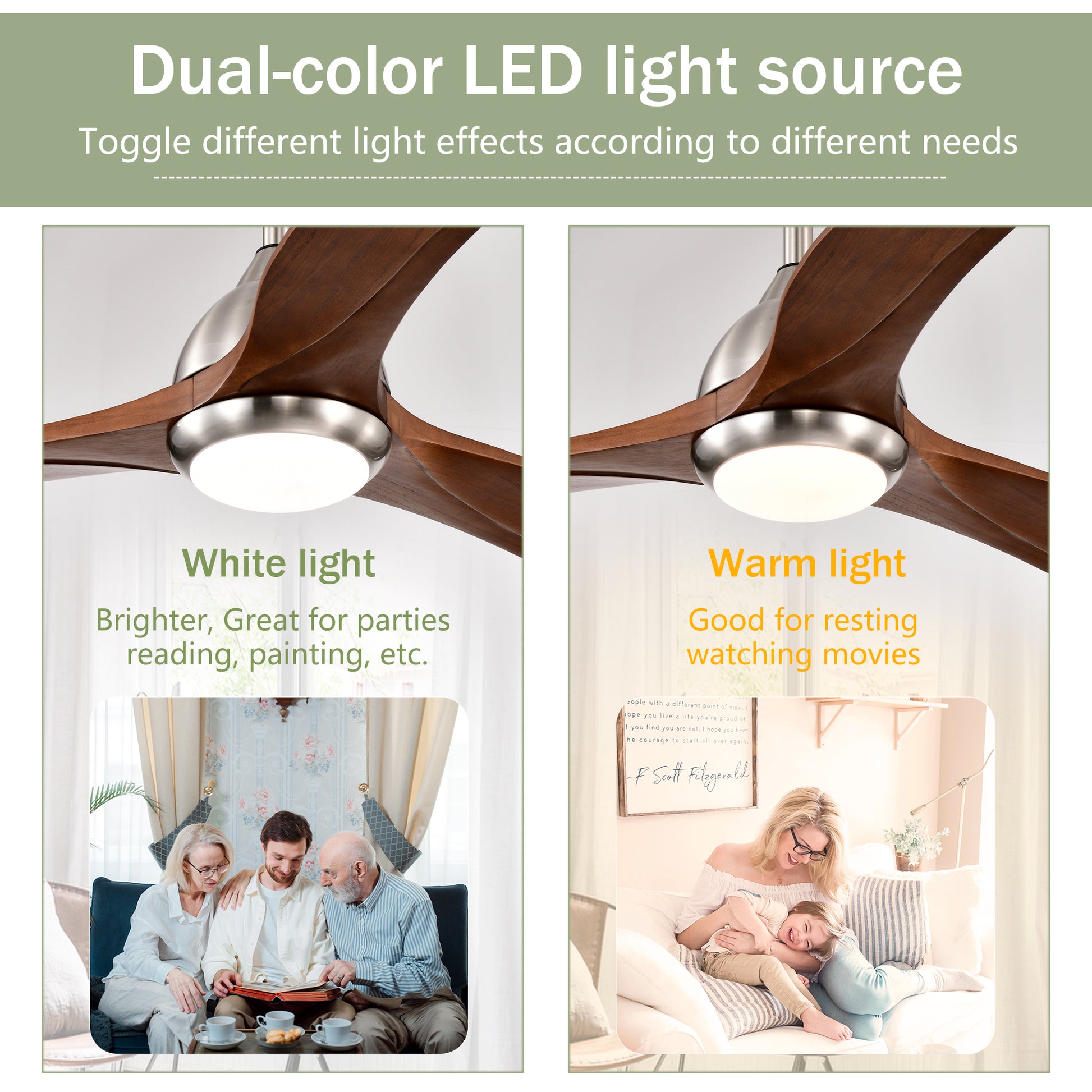 52" Satin Nickel & Walnut Ceiling Fan with Light & Remote - view 9