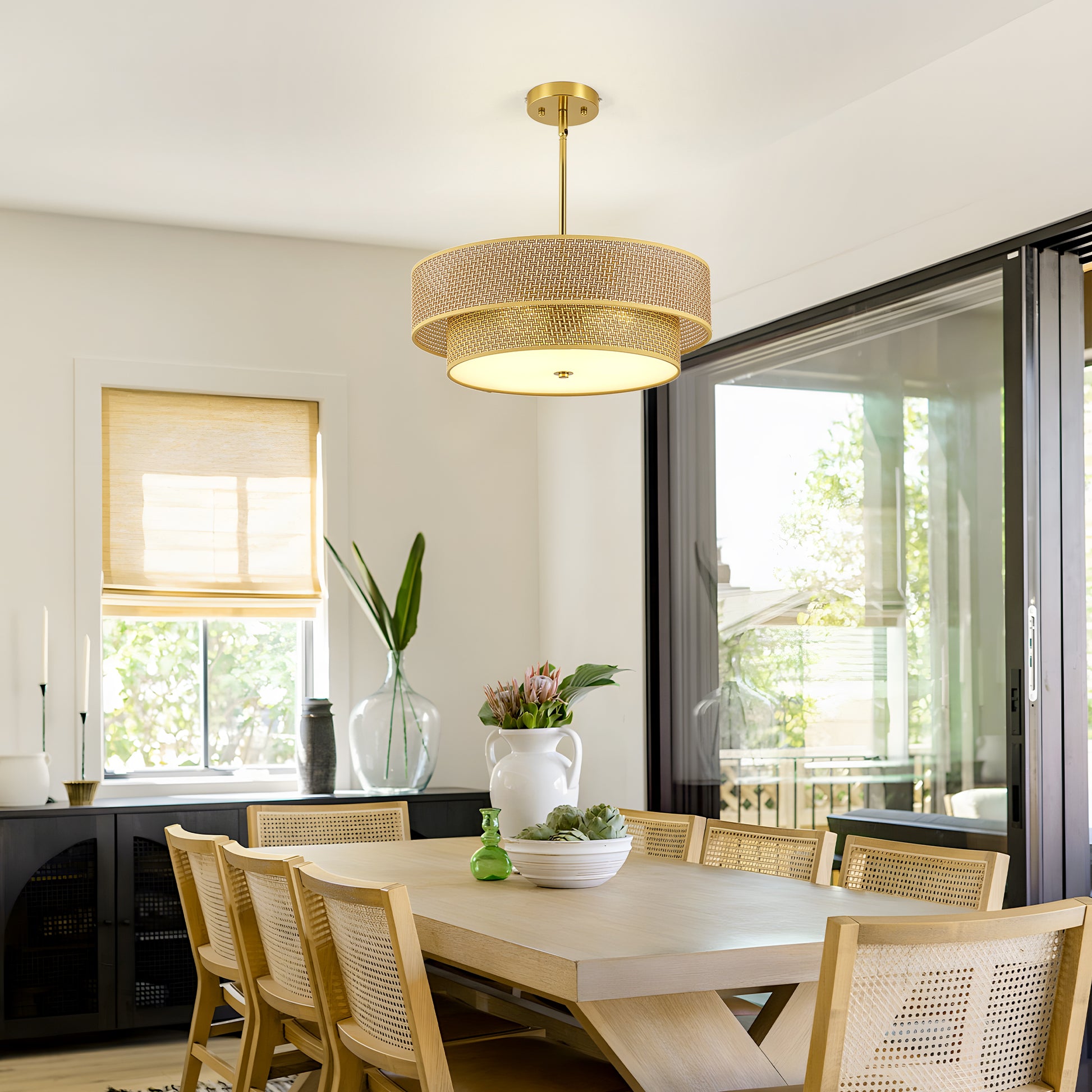 17.7" Gold Woven Rattan Semi Flush Mount Chandelier - view 4