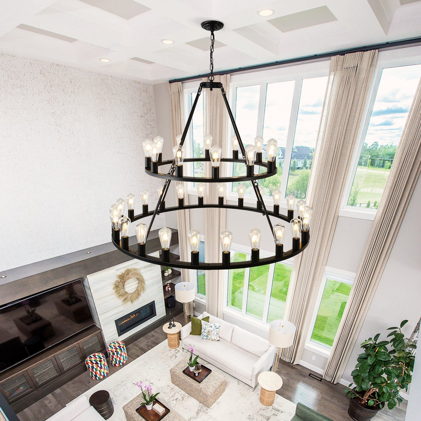 52" 2-Tier Wagon Wheel Farmhouse Chandelier, 36-Light - view 3