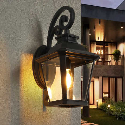 14" Black Vintage Outdoor Wall Lantern, Set of 2