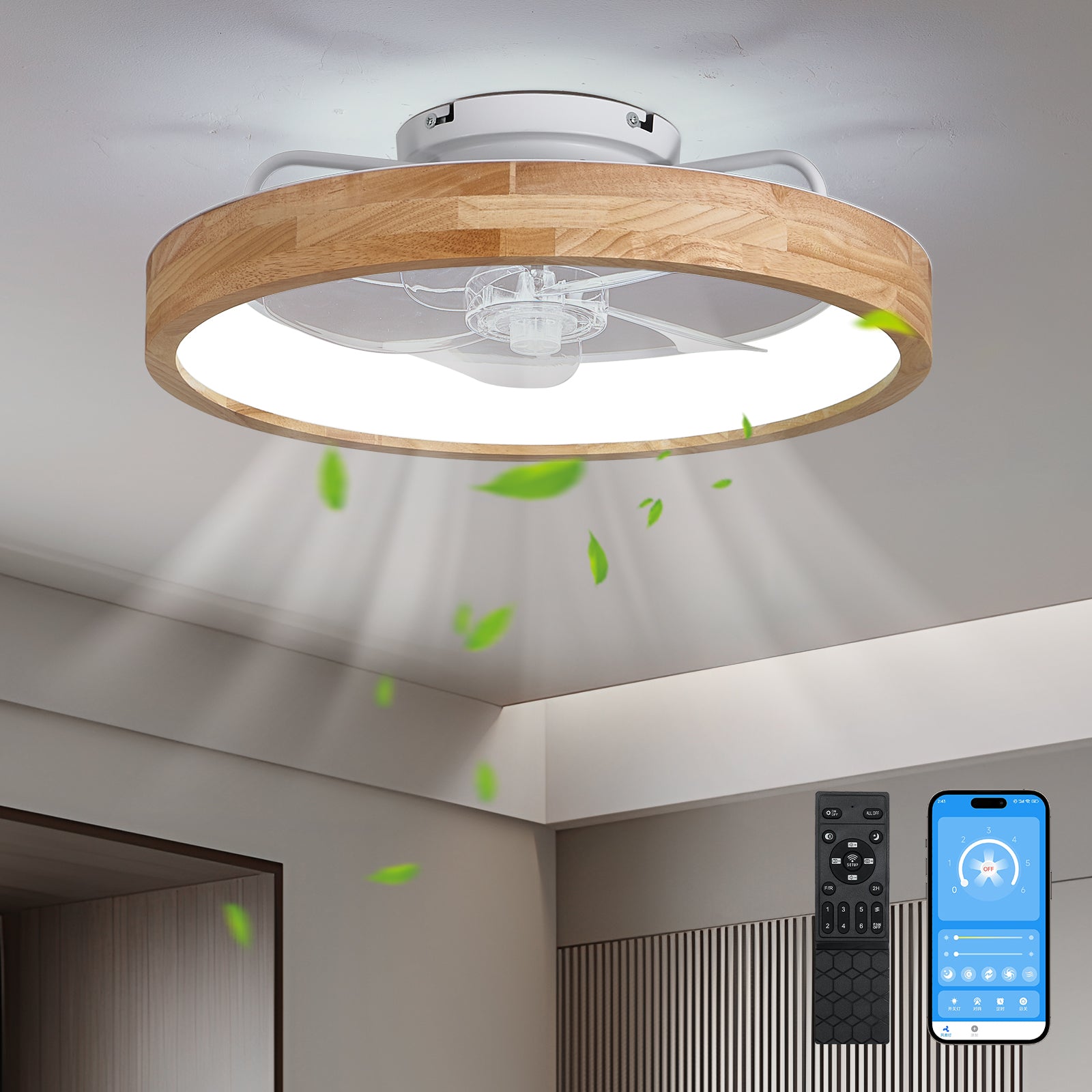 20" Wood Low Profile Flush Mount Ceiling Fan with Dimmable LED