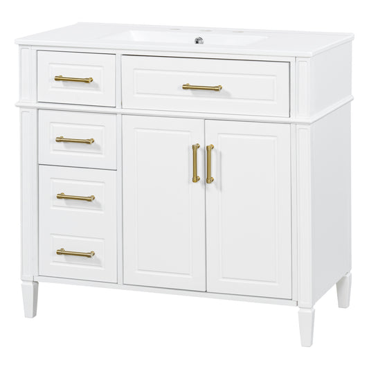 36" White Bathroom Vanity with Sink, 4 Drawers & Gold Handles