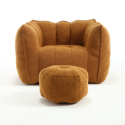 Soft Chenille Bean Bag Chair with Footstool – Khaki & Yellow