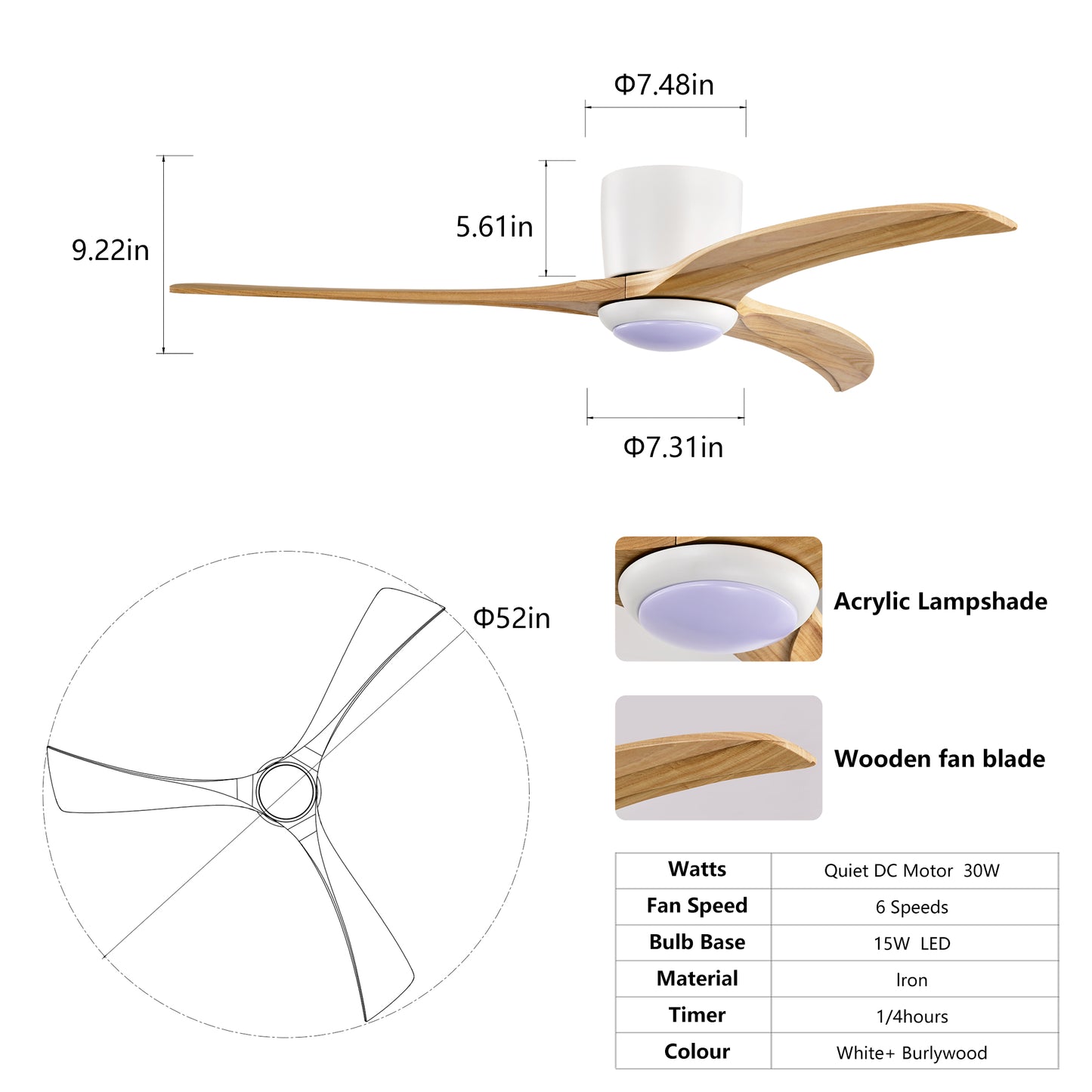 52" Matte White Solid Wood Ceiling Fan with Light & Remote - view 8