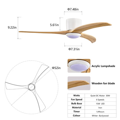 52" Matte White Solid Wood Ceiling Fan with Light & Remote - view 8