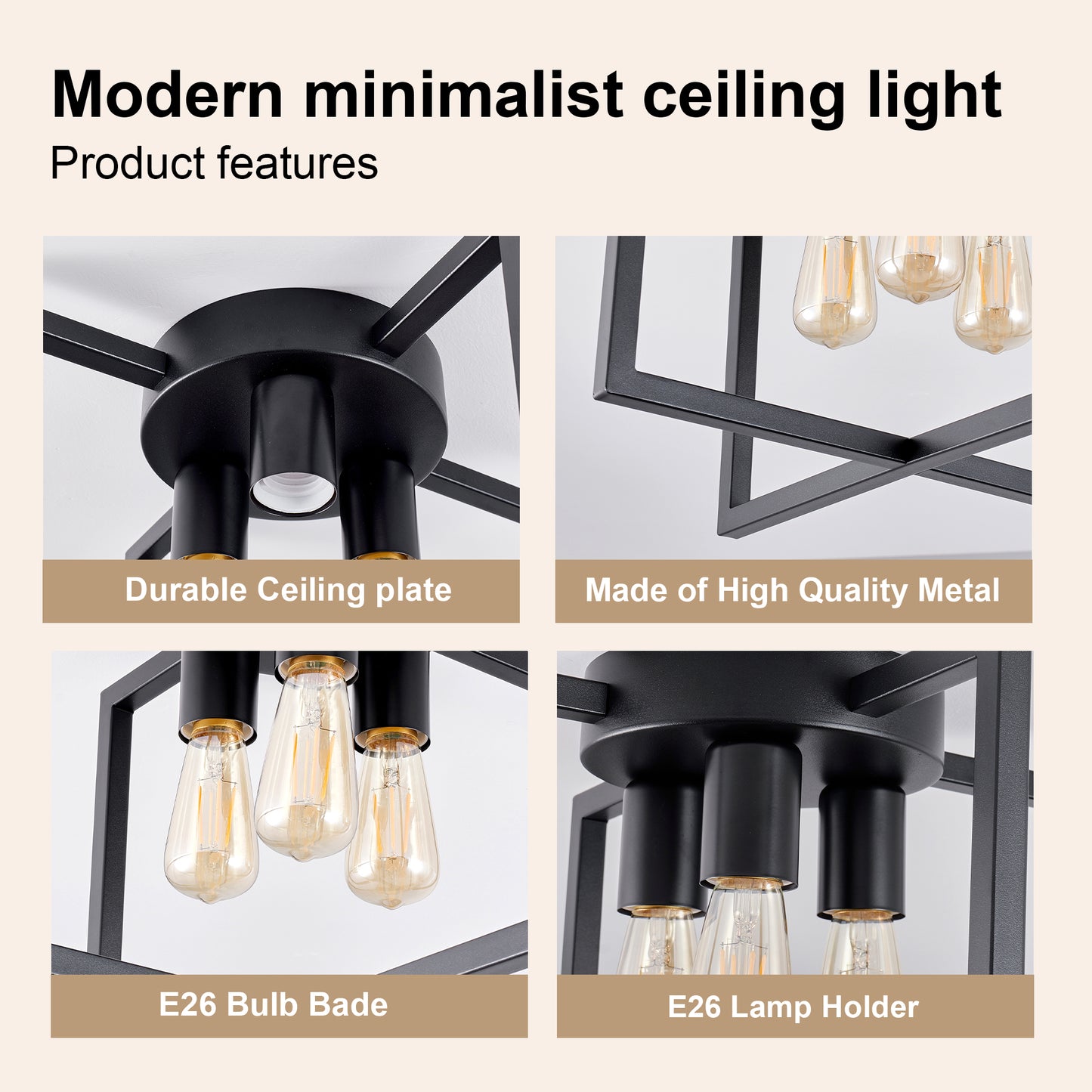 3-Light Black Geometric Farmhouse Semi-Flush Chandelier - view 4