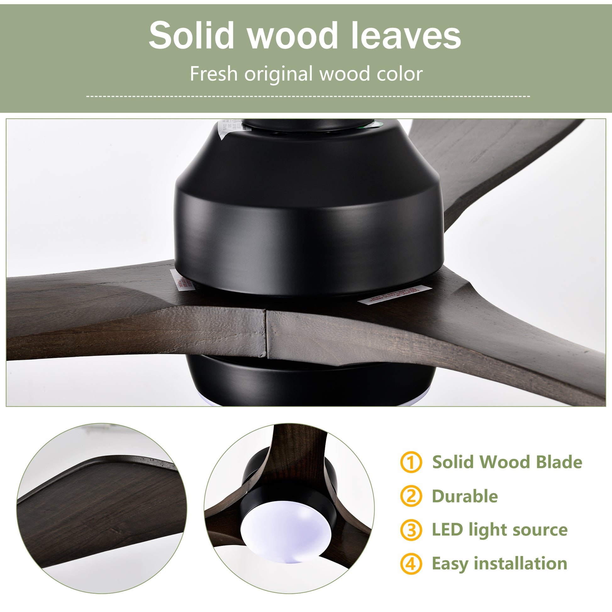 52" Matte Black Solid Wood Ceiling Fan with Remote - view 11