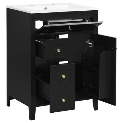 24" Black Bathroom Vanity with Sink, 3 Drawers & Gold Handles