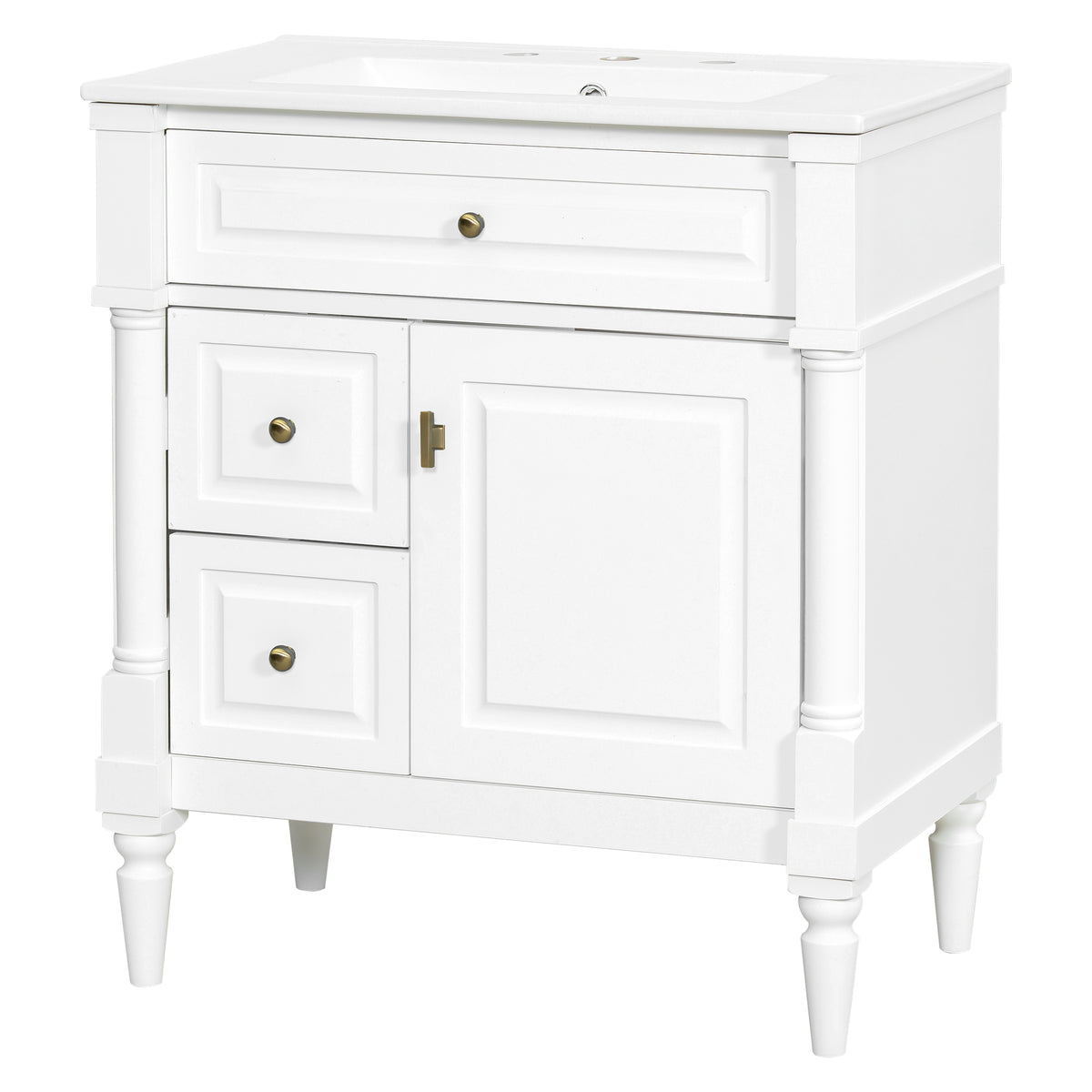 30" White Bathroom Vanity with Sink, 3 Drawers & Turned Legs