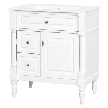 30" White Bathroom Vanity with Sink, 3 Drawers & Turned Legs
