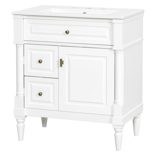 30" White Bathroom Vanity with Sink, 3 Drawers & Turned Legs
