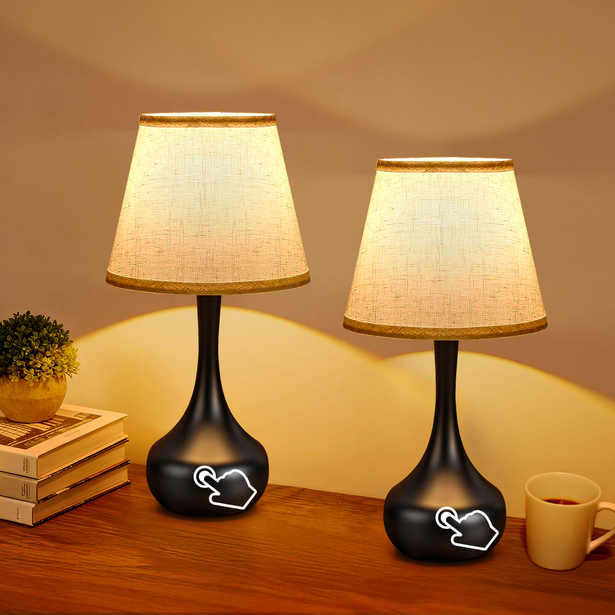 Black Dimmable Bedside Table Lamp, Set of 2