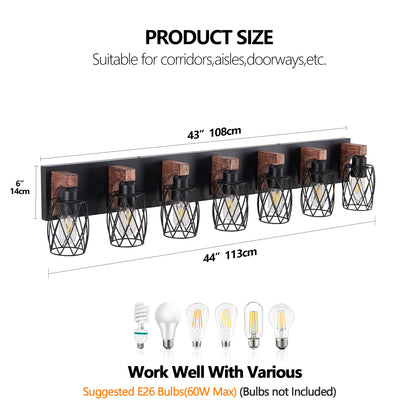 7-Light Black Caged Industrial Wall Light with Wood Accents - view 9