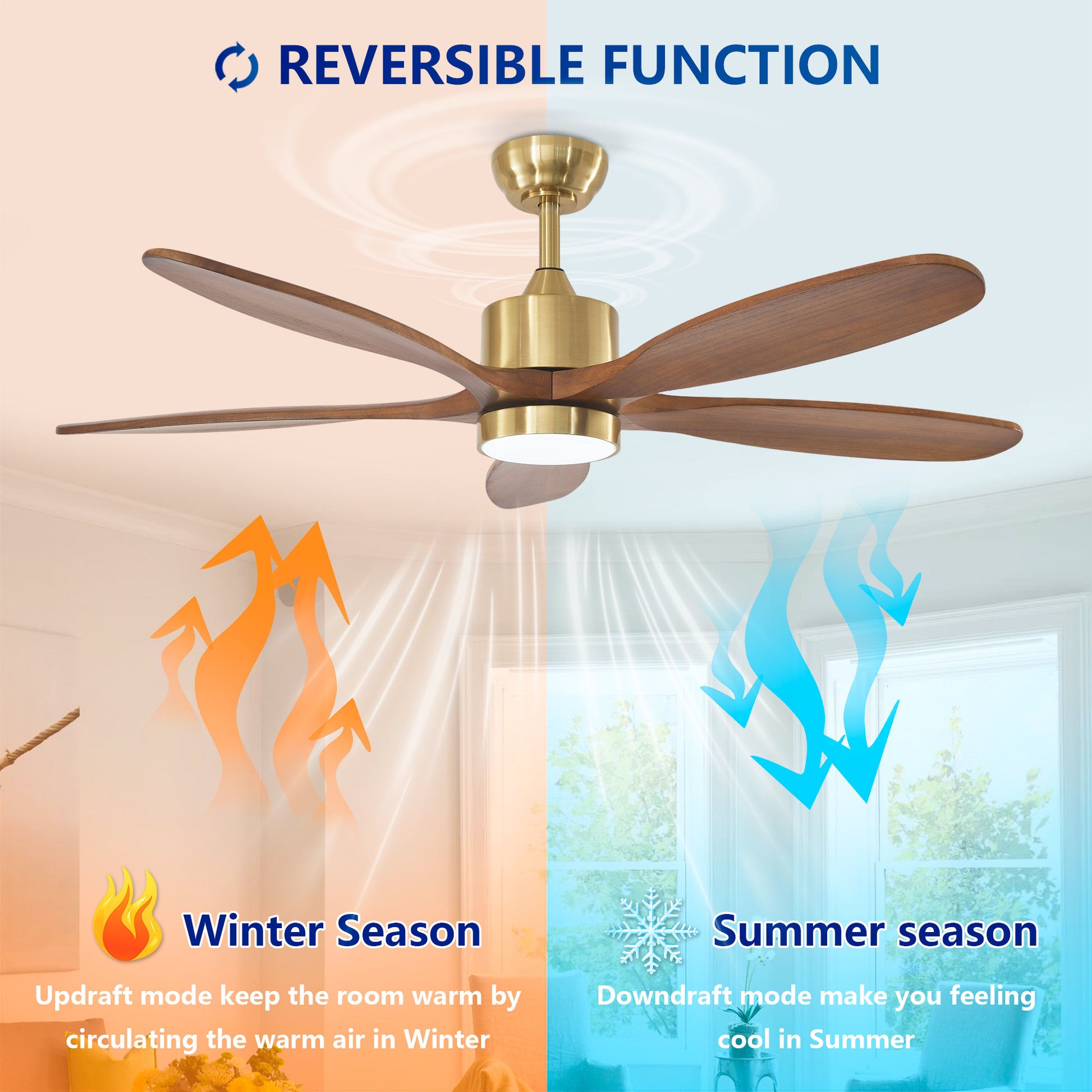 52" Gold Reversible Ceiling Fan with Light - view 13