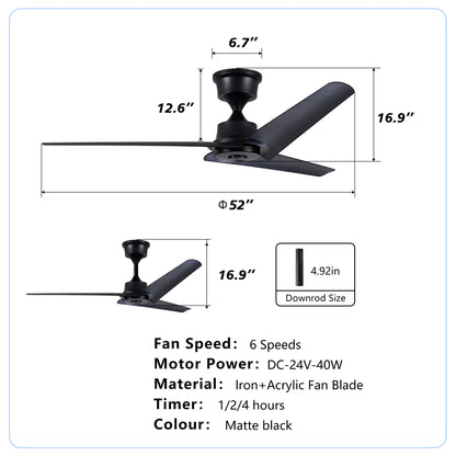 52" Black 3-Blade Ceiling Fan with Remote - view 7
