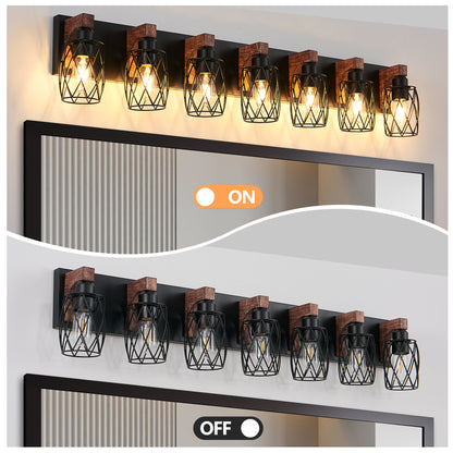 7-Light Black Caged Wall Sconce with Wood Accents - view 6
